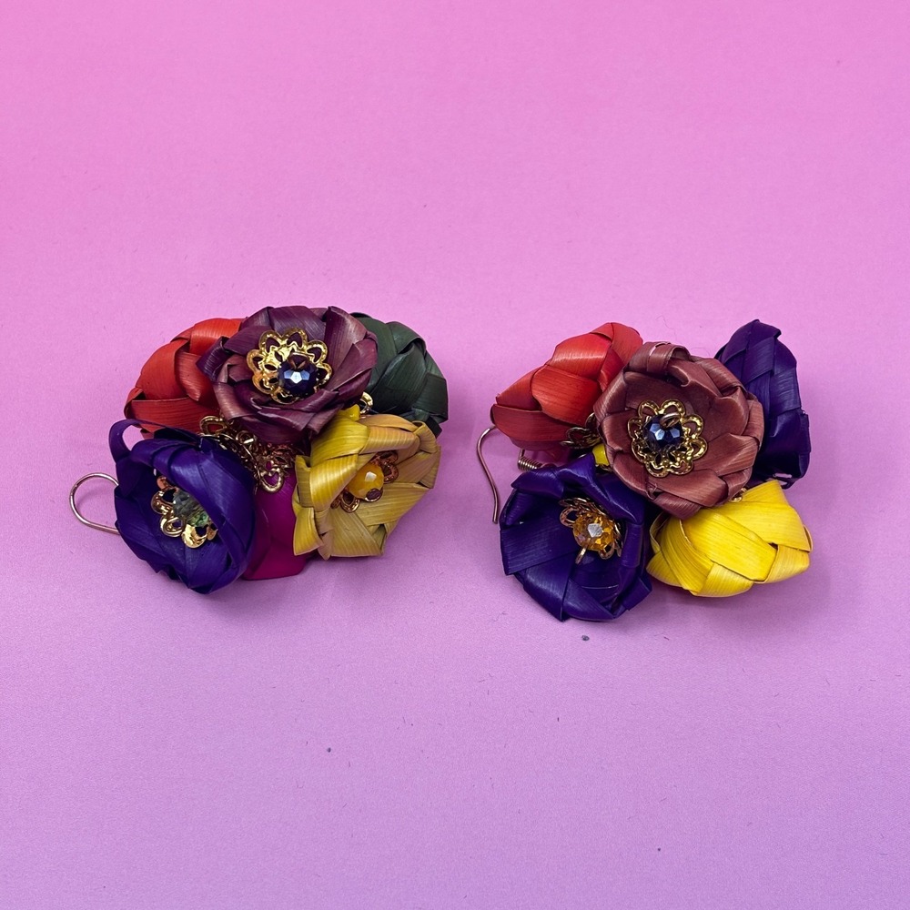 Multicolor Woven Flower Cluster Dangle Earrings Boho Statement Tropical Gift